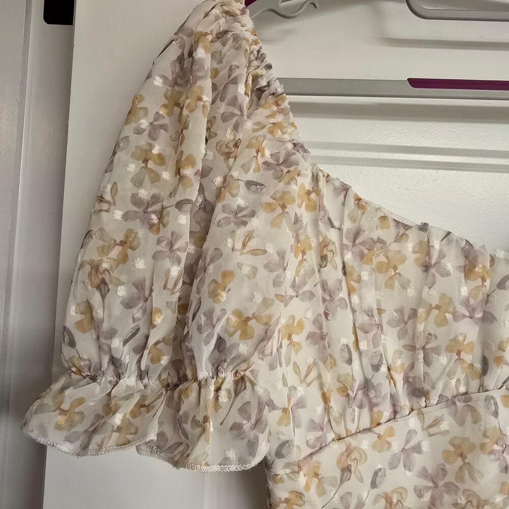 Women's Simplee Swiss Dot Floral Off the Shoulder Puff Sleeve Dress | Size Small - Picture 5 of 12